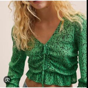Mango Green Patterned V-Neck Blouse
